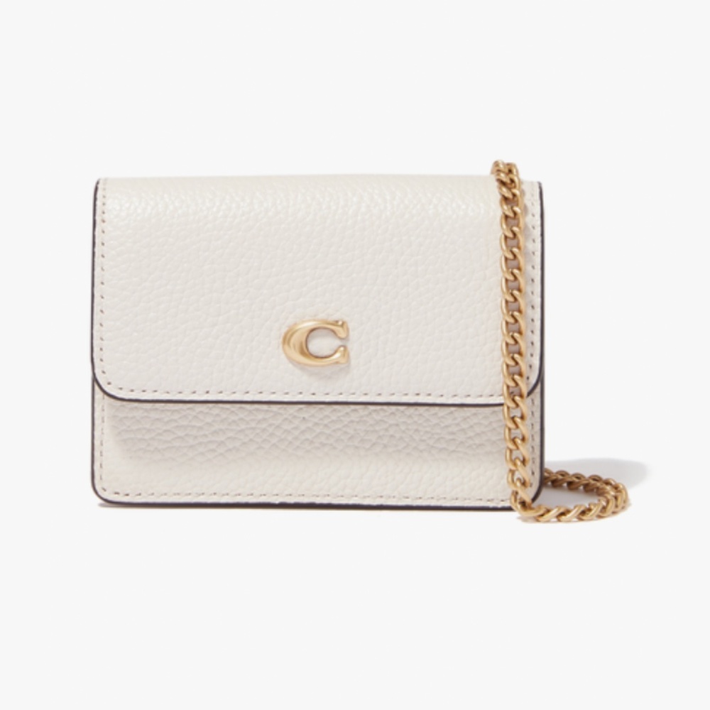 COACH REFINED CALF LEATHER LOGO HALF FLAP CARD CASE ON CHAIN